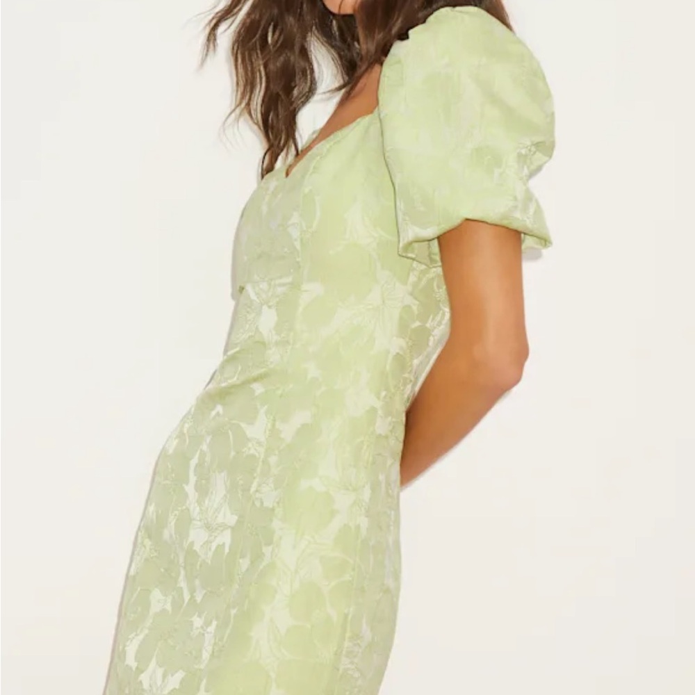 NWT! Lulus Beyond Amazing Light Green Floral Jacquard Puff Sleeve Dress